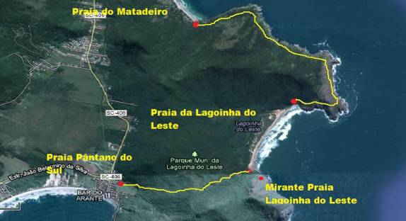 Mapa da trilha entre a praia do Matadeiro, a Lagoinha do Leste e o Pântano do Sul, no sul de Florianópolis, Santa Catarina (mapa do site francisdiogenes)